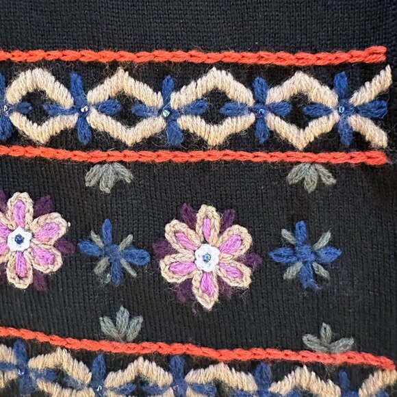 Lord&Taylor Black Cardigan Sz PM Floral Embroidered Merino Wool Boho Cottagecore - Picture 4 of 8